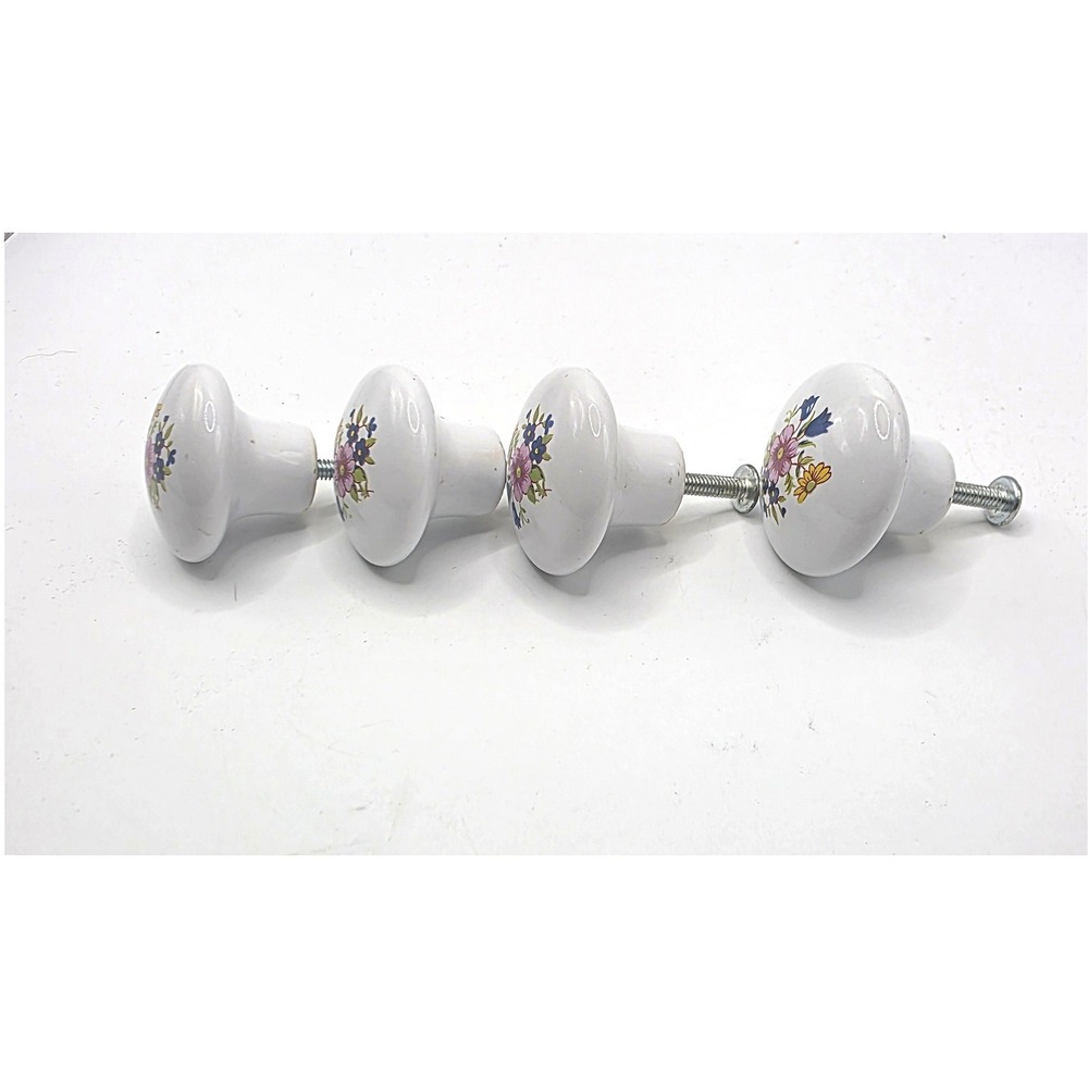 Vintage Floral Ceramic Drawer Pulls 4 White Porcelain Flower Cabinet Knobs - Picture 3 of 3